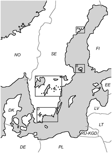 Figure 1. Distribution of the participating primary healthcare centers (n = 34), each black dot represents a primary healthcare center. Regions shown are A Northern Sweden (15 ticks), B Åland islands, Finland (633 ticks), C South Central Sweden (800 ticks) and D Southernmost Sweden (401 ticks). Countries coded in accordance with ISO 3166.