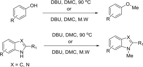 Scheme 53. Synthesis of the methylation of bezimidazoles, phenols and indoles.