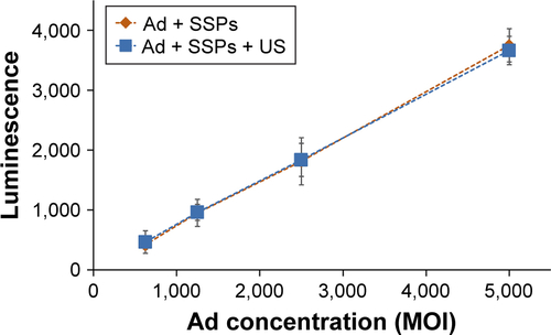 Figure S6 Luciferase expression in cells incubated with a serial dilution of insonated or non-insonated mixture of Ad and SSPs.Notes: The trend between Ad concentration and transgene expression was no different between the Ad treatment groups. Data represent the mean of N=3, and standard deviation is shown.Abbreviations: Ad, adenovirus; SSPs, sonosensitive particles; US, ultrasound; MOI, multiplicity of infection.