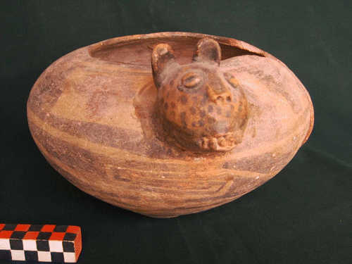 Figure 7.  Prehispanic libation bowl with feline head, Regional Developments Period, AD 950–1430, northern Calchaquí Valley, Argentina. Photo: E. DeMarrais.