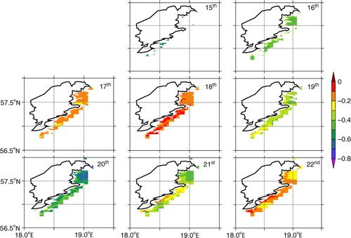 Fig. 12 The coloured area shows estimated fluxes (µmol m2 s−1) where upwelling is detected during Period 1 (19–24 July 2005) using the algorithm described in Section 2.2.1. The fluxes are estimated using the satellite sea-surface temperature (SST) and the SST–pCO2w relation in Table 1, magnitude indicated by the colour bar.