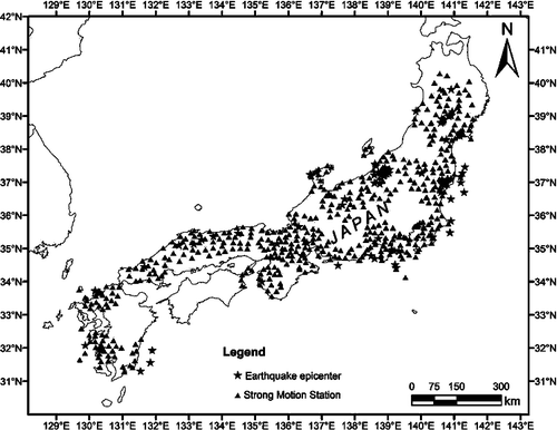 Figure 2. Map of Japan showing location of earthquakes and stations used in the present study.