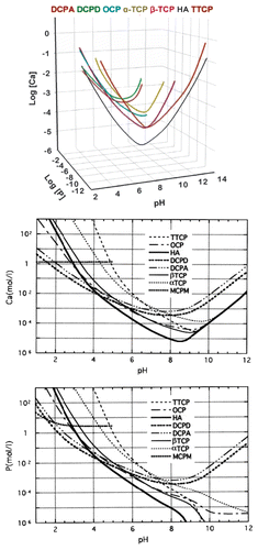 Figure 6. Top: a 3D version of the classical solubility phase diagrams for the ternary system Ca(OH)2-H3PO4-H2O. Reprinted from reference Citation118 with permission. Middle and bottom: solubility phase diagrams in two-dimensional graphs, showing two logarithms of the concentrations of (a) calcium and (b) orthophosphate ions as a function of the pH in solutions saturated with various salts. Reprinted from reference Citation119 with permission.