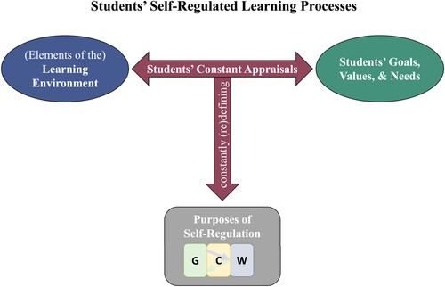Figure 1. Schematic representation of the theoretical framework informed by Boekaerts’ (Citation2011) dual processing model of self-regulated learning. G: Growth; W: Well-being, C: Commitment.
