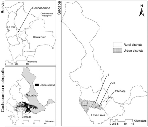 Figure 1. Location of Sacaba in Bolivia and in the Metropolitan area of Cochabamba (right) and Sacabas districts (left). Adapted from GADC (Citation2011); and GAMS (Citation2014a).