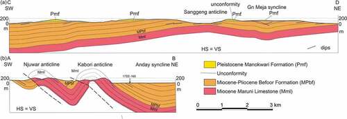 Figure 7. Cross-sections CD (a) and AB (b) of the Manokwari area. See Figure 4 for locations.