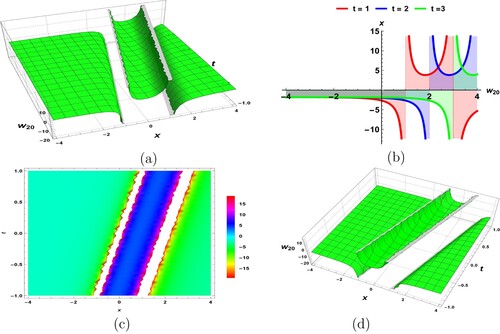 Figure 2. Graphical aspects of singular solution w20 by setting all parameters to unity except Ψ2=2. (a) 3D plot, (b) 2D plot, (c) density plot and (d) 3D plot.