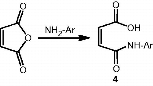 Scheme 1. General synthesis (Z)-4-oxo-4-(arylamino)but-2-enoic acids derivatives from maleic acid in catalytic acidic media.