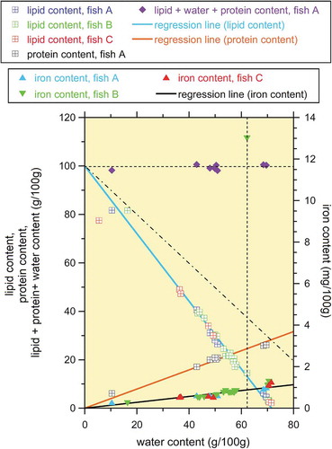 Figure 3. Results of the chemical analysis of tuna meat samples obtained using the methods noted in Table 1. The dash-dotted line has a slope of – 1, and the horizontal dotted line represents 100 (g/100 g). The data points for the dark muscle sample lie along the vertical dotted line. The three regression lines were obtained using the method of least squares (the data for the dark muscle sample were not considered in the regression analysis for the iron content). A linear relationship was observed between each of the lipid, protein, and iron contents and the water content, excluding the case of the unusually high iron content of the dark muscle sample.