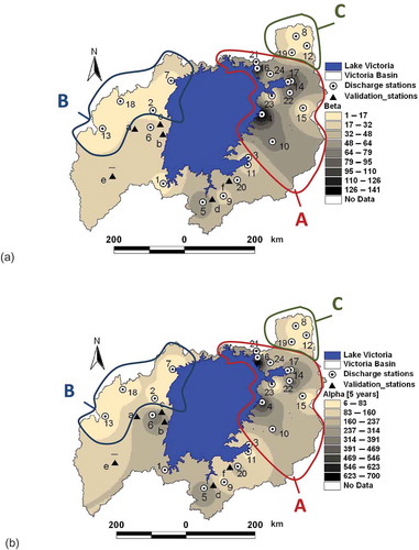 Fig. 11 Spatial maps showing regional differences in terms of: (a) β, and (b) αs for T = 5 years.