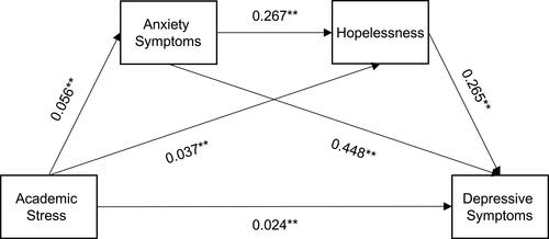 Figure 1 The final chain mediating effect model of academic stress, anxiety symptoms, hopelessness, and depressive symptoms.