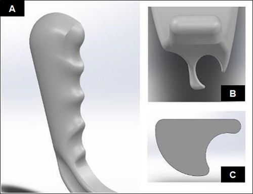 Figure 1 Computer-assisted design model of video laryngoscope blade. (A) Oblique view of the handle. (B) Frontal view of the blade tip. (C) Endotracheal tube cut-away in early design.