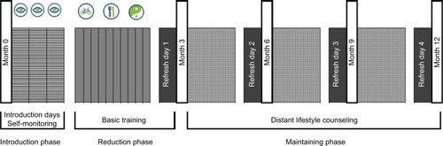 Figure 2 Schematic course of IHM in weight reduction with study examination visits embedded. Visits embedded (white bars). Introduction days (gray lined bars), 10 × 2-hour after-work sessions (gray bars) including self-monitoring Display full size, physical activity Display full size, nutrition Display full size and stress management packages Display full size, and four quarterly refresh meetings (black bars).