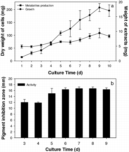 Figure 4. The growth, metabolites production and anti-quorum sensing activity variation of the strain Streptomyces parvulus HY026. The growth of isolate is indicated by the dry weight of bacterial cell collected from 100 mL liquid cultures, the metabolites production is indicated by the dry weight of crude extracts extracted from 100 mL liquid cultures, while the activity is indicated by the pigment inhibition zone of each sample against C. violaceum at the concentration of 250 μg/disc. Data plotted are mean ± SD of three replicates per treatment.