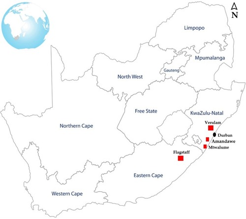 Figure 1 Map of South Africa showing the geographic locations of the farms where the samples used in this study were collected.