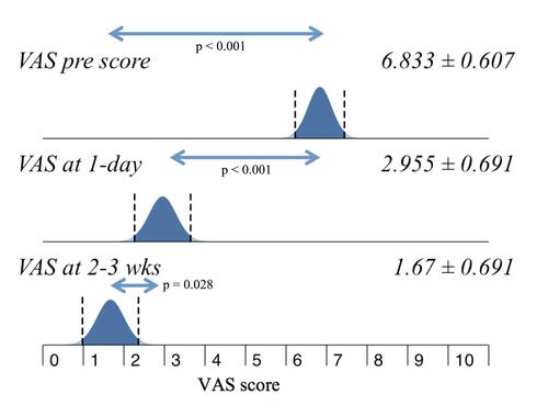 Figure 1 Change in VAS scores. Mean VAS score differences across all patients and between time points, pre-treatment vs 2–3 week (p<0.001); pre-treatment vs 1-day (p<0.001); 1-day vs 2–3 week (p= 0.028).