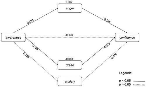 Figure 3. Counteracting mediation model of exposure to cyber-attacks on support for retaliation using matched dataset.