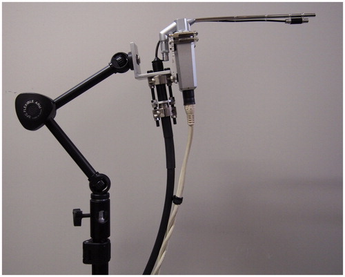 Figure 3. Fixation device comprising a commercially available light stand and a multijointed arm. This system enables arbitrary positioning.