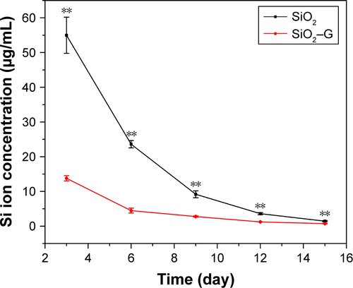 Figure S1 Concentration of Si ions for the samples incubated in the cell culture medium.Notes: The SiO2–gentamicin nanohybrids and native SiO2 NPs at a concentration of 250 μg/mL were incubated in osteogenic induction medium. On days 3, 6, 9, 12, and 15, the medium containing the released Si ions was collected and then analyzed by ICP-MS. **p<0.01 compared with the SiO2 NPs.Abbreviations: SiO2, silica; SiO2–G, SiO2–gentamicin nanohybrids; G, gentamicin; NPs, nanoparticles; ICP-MS, inductively coupled plasma mass spectrometry.