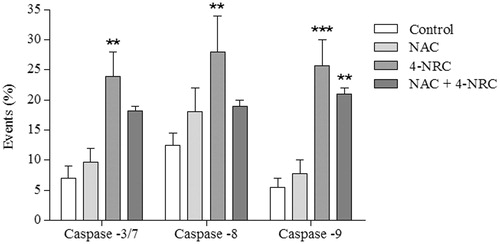 Figure 6. Analysis of the activation of caspases-3/7, -8 and -9 during 4-NRC-induced apoptosis. The cells (1 × 106 cells/mL) were treated with 4-NRC (27 μM) for 24 h and analyzed using a flow cytometer. To evaluate the involvement of ROS in caspase activation, cell groups were also pretreated with N-acetyl-l-cysteine (NAC) (2 mM) for 1 h following treatment with 4-NRC. Each bar presents mean ± SD of three independent experiments (**p < 0.01 and ***p < 0.001 vs. control).