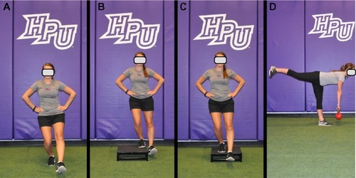 Figure 3 Common controlled weight-bearing exercises.Notes: (A) Single leg squat. (B) Lateral box step-ups. (C) Forward box step-down. (D) Single leg dead lift.