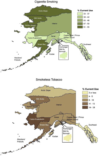 Fig. 1 Prevalence of current tobacco use among Alaska Native adults, by Alaska Native Health Corporation Region.