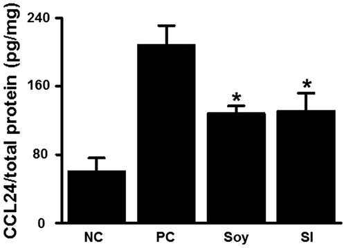 Fig. 5. Feeding mice with soybean and SI suppresses CCL24 production in ear tissues.