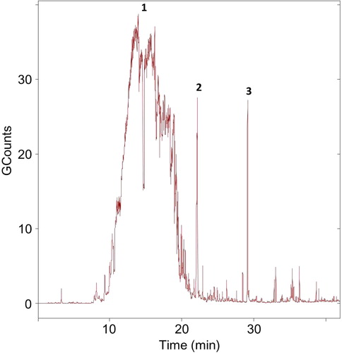 Fig. 3. Total ion chromatogram showing VOCs emitted after spraying of 83.6 g SRS product at a 2 m2 surface of ceramic tiles inside a 20.3 m3 chamber. The major peaks 1 and 2 are assigned as: C9–C13 hydrocarbons (solvent) and isooctyltrimethoxy silane, respectively. Peak 3 is an unknown organosilane (colour version of this figure can be found in the online version at www.informahealthcare.com/ctx).