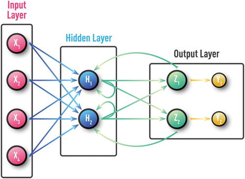 Figure 4. Schematic of the recurrent neural network (RNN) with several feedback loops. Unlike MLP, RNN can have feedback loops in different parts of the NN structure, including feedbacks skipping one or more layers. RNN can build robust models of complex sequential data using implicit representation in its internal memory. However, training based on a Back-propagation Trough Time (BPTT) algorithm could often encounter vanishing- or exploding-gradient problems in practice.