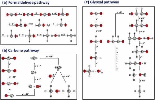 Figure 7. Stepwise CO2 reduction mechanism with (A) formaldehyde pathway, (B) carbene pathway and (C) glyoxal pathway. source [Citation75].