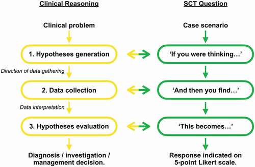Figure 1. The principle steps of clinical reasoning in alignment with SCT question construction (adapted from Lubarsky et al., 2013) [Citation9].