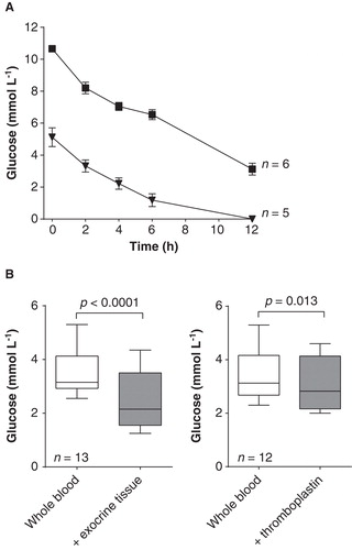 Figure 2. Glucose consumption in whole blood, with and without addition of exocrine tissue and thromboplastin. A. Glucose consumption during incubation of blood for 12 h; fresh venous blood with no glucose added (▾) or with glucose added at start up to 10 mmol L-1 (▪). Data presented as means ± SEM. B. Glucose concentration after 12 h (adjusted to 10 mmol L-1 at start) with and without addition of exocrine tissue or thromboplastin. Box plots represent the 25th to 75th percentiles and the median; whiskers show maximum and minimum values. P values derived from paired t tests.