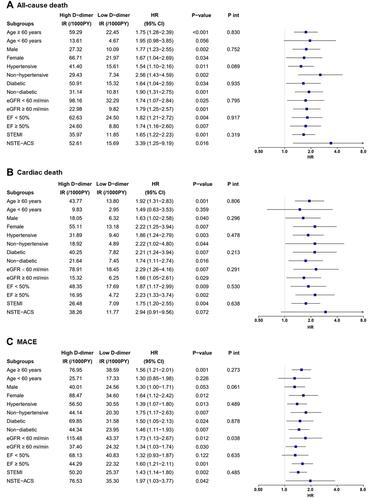 Figure 3 Subgroup analysis for outcomes and D-dimer levels across common clinical risk factors. (A) Associations between age-adjusted elevation of D-dimer and all-cause death. (B) Associations between age-adjusted elevation of D-dimer and cardiac death. (C) Associations between age-adjusted elevation of D-dimer and MACE. HR was adjusted for established risk factors.