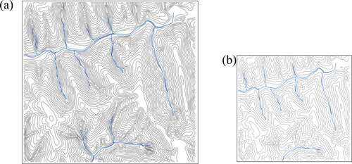 Figure 13. Generalization results of loess relief. (a) Integrated generalization results with a scale of 1:25000; (b) integrated generalization results with a scale of 1:50,000.