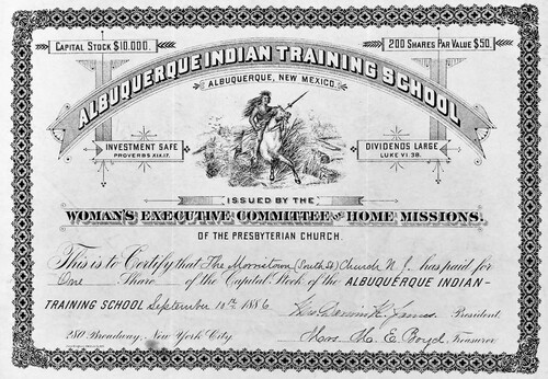 Figure 3. Certificate of Stock for Albuquerque Indian Training School, issued by the Women’s Executive Committee of Home Missions of the Presbyterian Church. RG305 Woman's Executive Committee of Home Missions, Box 2, Folder 80, Presbyterian Historical Society, Philadelphia, Pennsylvania.