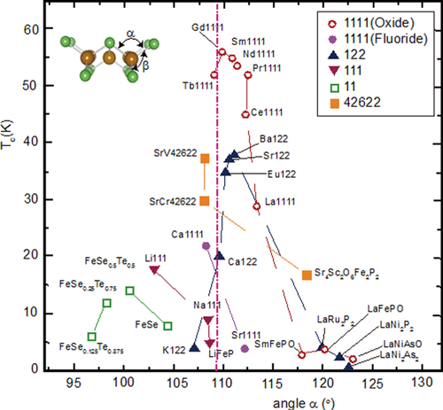 Figure 9. Correlation between Tc and bonding angle α of Pn(Ch)–Fe–Pn(Ch). α is adopted mainly from the data of the parent materials measured at room temperature. Tc shows the highest reported value. Reprinted with permission from [Citation125]. Copyright 2012 by Maney Publishing.