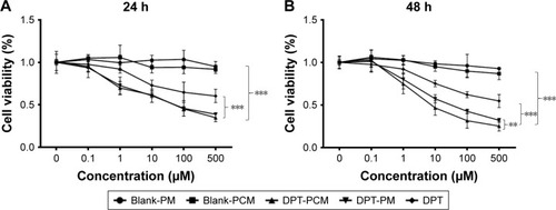 Figure 5 The in vitro cytotoxicity of blank PM, blank PCM, DPT, DPT-PM, and DPT-PCM against A549 cells after (A) 24 h and (B) 48 h of incubation.Notes: Data are shown as mean ± SD (n=6). ***P<0.001 as compared to DPT, blank-PM, and blank-PCM at 24 h and 48 h. **P<0.01 as compared to DPT-PM at 48 h.Abbreviations: DPT, deoxypodophyllotoxin; PCM, polyion complex micelle; PM, polymeric micelle.