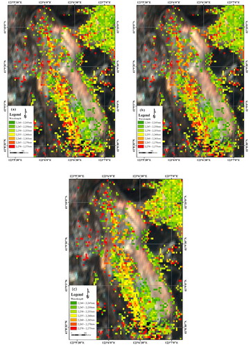 Figure 7. Spatial distribution of interpolated wavelength positions in the Qidashan open-pit iron district (a) quadratic polynomial; (b) cubic spline; (c) quartic polynomial method.