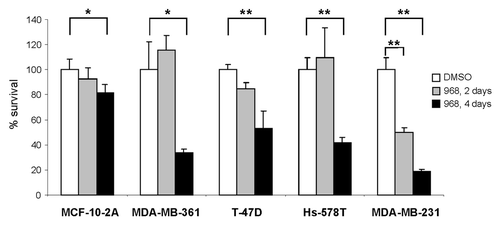 Figure 1. Compound 968 is cytotoxic in multiple human breast cancer cell lines. Cell survival was determined as described in “Materials and Methods” in MCF-10A, MDA-MB-361, T-47D, Hs-578T, and MDA-MB-231 breast cancer cells following 2 and 4 d treatments with 10 μM compound 968 or DMSO control (n = 3). Percent survival was determined by dividing the number of remaining 968 treated cells by the number of remaining viable DMSO treated cells. Assays were performed in triplicate and error bars represent the standard deviation between replicate independent experiments. Asterisks indicate a significant difference from DMSO control; * p < 0.05; ** p < 0.01.