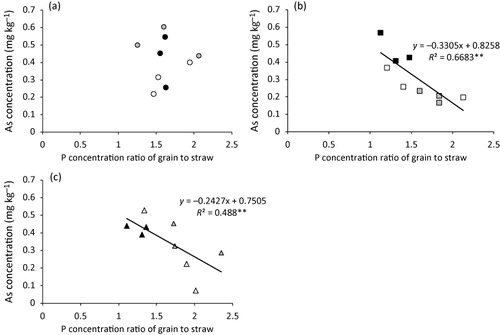 Figure 2. Relationships between the P concentration ratio of grain to straw and the As concentration in grain in (a) control (no material application; circles), (b) Fe application (squares), and (c) Si application (triangles). **p < 0.01, *p < 0.05. Open symbols: drainage started from heading. Gray-filled symbols: drainage started 10 days after heading. Black-filled symbols: drainage started 20 days after heading.