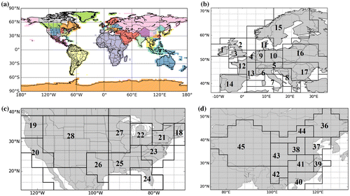 Fig. 1. (a) Map of the 56 regions whose monthly emission budgets are controlled by the inversion; (b) zoom on the 17 control regions in Europe; (c) zoom on the 11 control regions in the United States; (d) zoom on the 10 control regions in China.