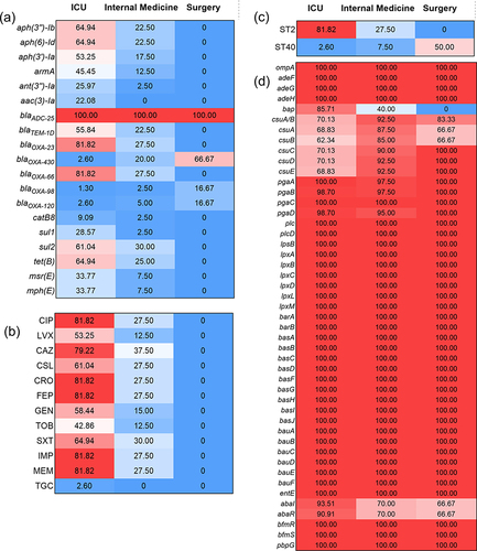 Figure 4 Comparison of antimicrobial resistance phenotypes and genotypes, STs and VFGs between isolates from different clinical departments.