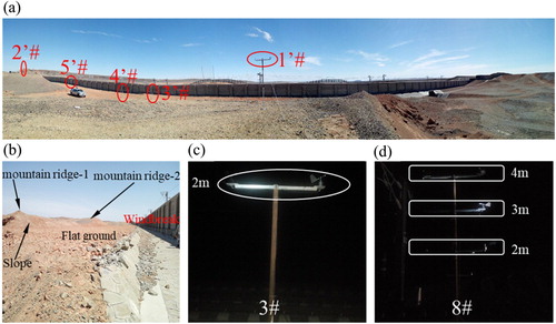 Figure 3. The test points in the real site: (a) outside the windbreak; (b) the landform; and (c) test points 3# and (d) 8# on the railway.