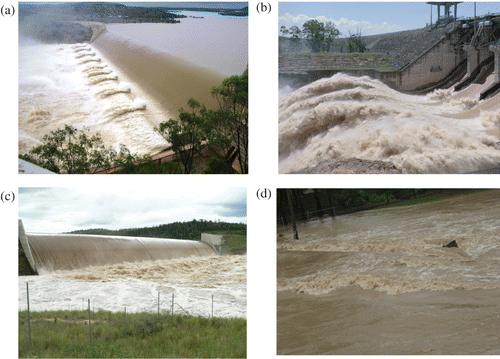 Figure 1. Aerated flows in hydraulic engineering. (a) The Burdekin Falls Dam (Australia) on 3 February 2007 (Courtesy of QLD Department of Environment and Mineral Resources and David Li), (b) the Wivenhoe dam spillway (Australia) on 17 January 2011, (c) the Paradise Dam spillway (Australia) on 30 December 2010 (Courtesy of Bernard Chanson) and (d) the flooding in Marburg (Australia) on 11 January 2011 (Courtesy of Nicole Chanson)