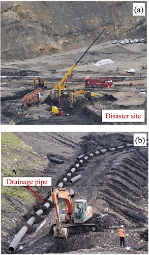 Figure 6. Drainage facilities at the rescue site: (a) the disaster site and (b) drainage pipe (recreated based on Qi Citation2021).