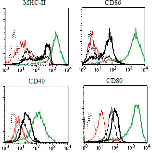 Figure 3. Characterisation of DC phenotype. Immature DCs pulsed with HS-exosomes, untreated exosomes, HS-lysate, or LPS were stained with antibodies recognising MHC-II, CD86, CD40, or CD80, and analysed by flow cytometry. Positive control (LPS) for DC maturation was used. The dashed line represents the isotype control, the fine black line represents exosomes, the bold black line represents HS-exosomes, the red thin line represents HS-lysate, and the green thin line represents LPS. Data from a representative sample (from patient 14) is shown.