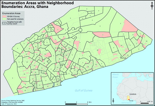 Figure 1. Map of the 1724 Enumeration Areas with the neighborhood boundaries and the number respondent locations from the Women's Health Survey of Accra II for each of the neighborhoods within the Accra Metropolitan Area.