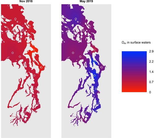 Figure 2. Interpolated sea surface aragonite saturation state in greater Puget Sound in November 2018 and May 2019. Open circles indicate stations from which georeferenced data were used.