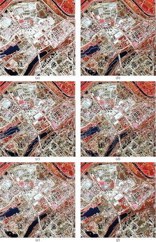 Figure 15. Segmentation results of the six algorithms for T5. (a) IUOAS. (b) HRM. (c) HSEG. (d) SVRM. (e) SCEP. (f) RMGP.