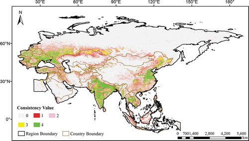 Figure 3. Consistency degree of the four cropland products CCI-LC, GFSAD30, MCD12Q1, and FROM-GLC in the B&R region. The values of 1–4, respectively, represent one to four cropland products classified as cropland, and the value of 0 represents four cropland products classified as non-cropland